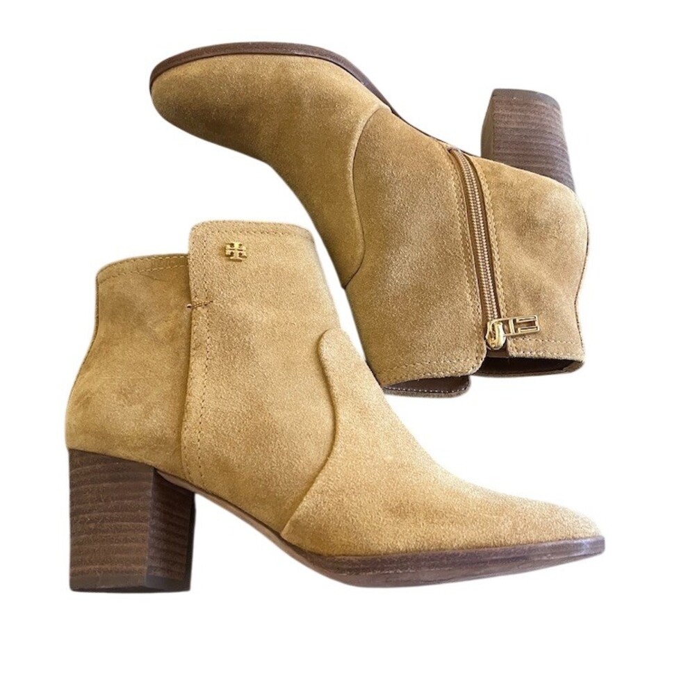 Tory Burch Ankle Booties Womens 7.5 Tan‎ Side Zip Block Heel Logo